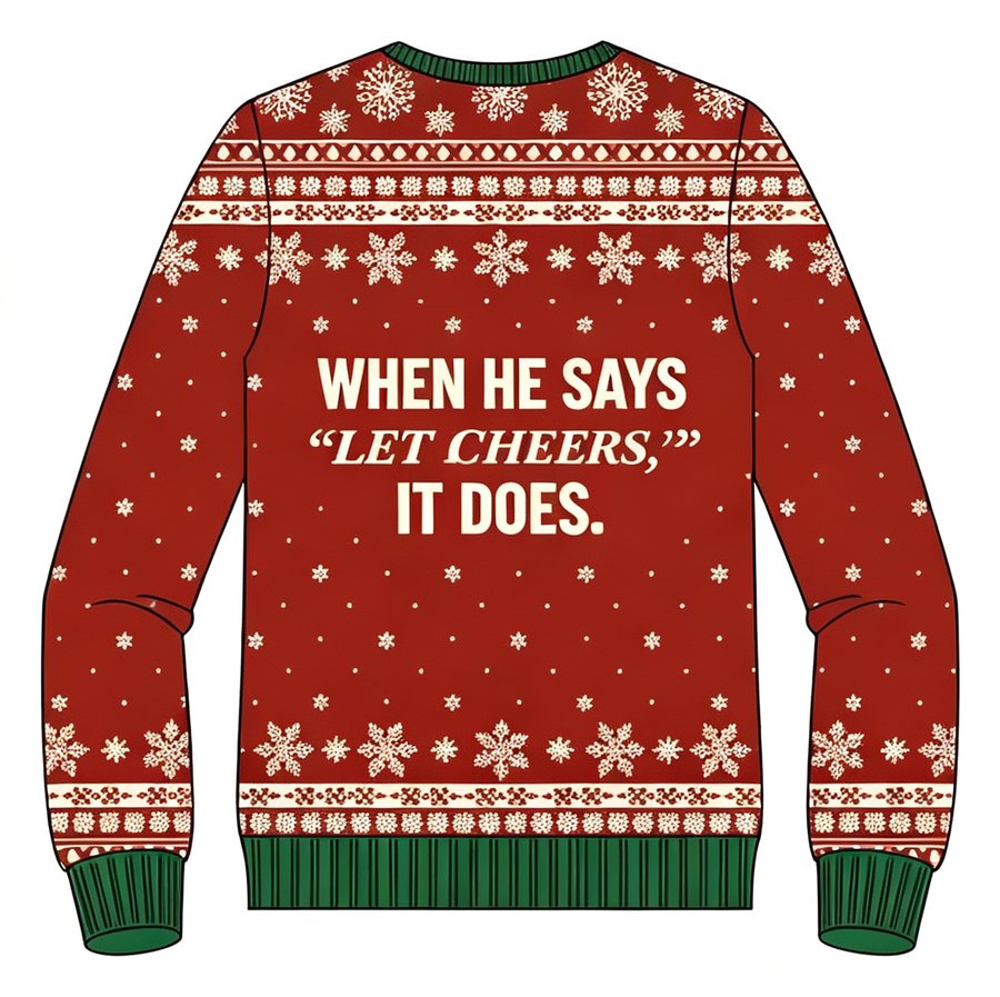 Snow Buddies Cheer knit sweater, back view