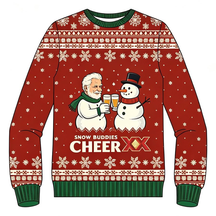 Snow Buddies Cheer knit sweater, front view