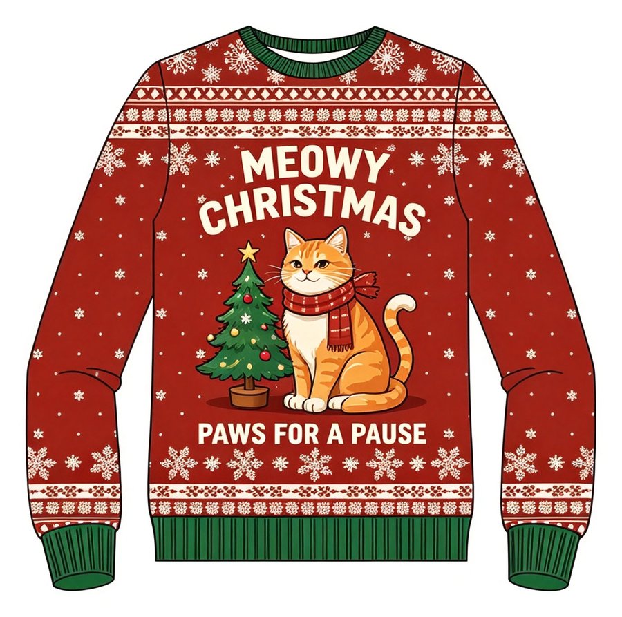 Meowy Christmas Cat knit sweater, front view