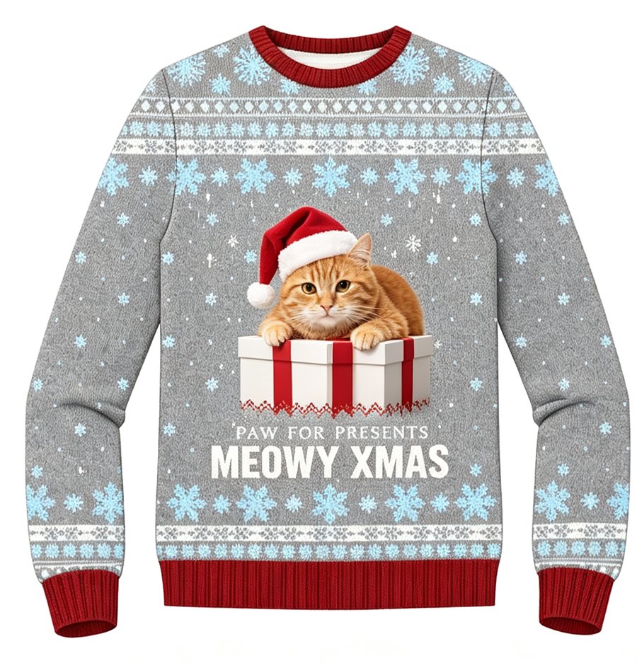 Meowy Xmas Gift Cat knit sweater, front view