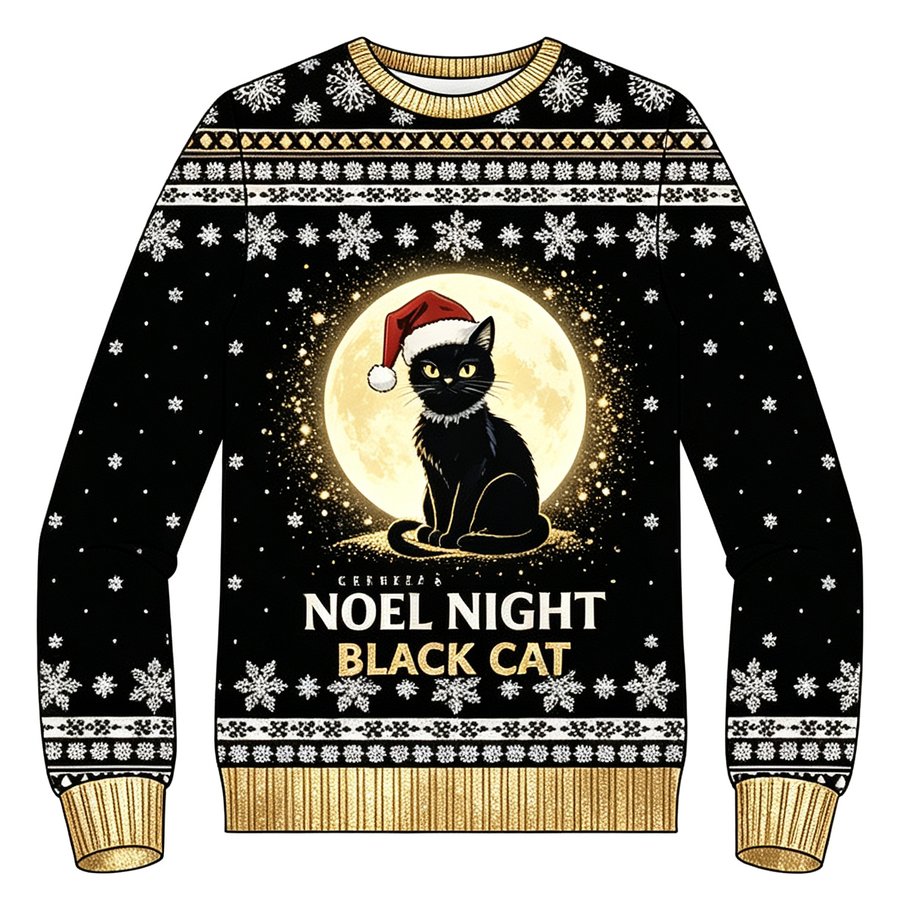 Noel Night Black Cat knit sweater, front view