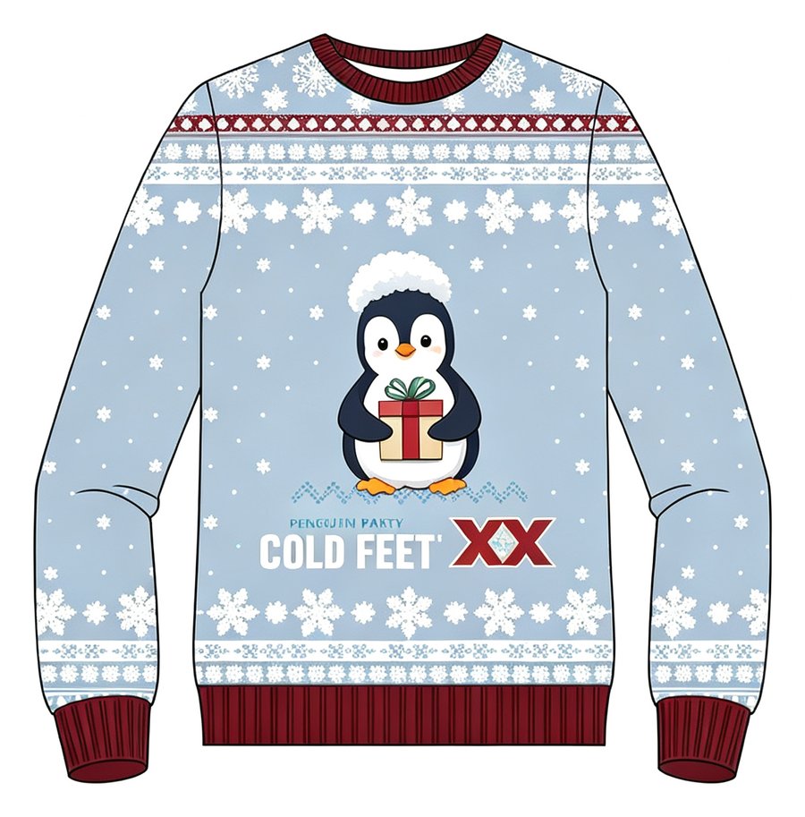 Cold Feet Penguin knit sweater, front view